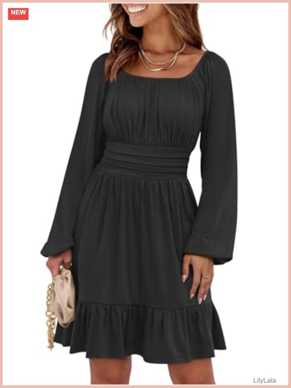 Women Long Lantern Sleeve Square Neck A-Line Short Dress Ruffle Hem Casual